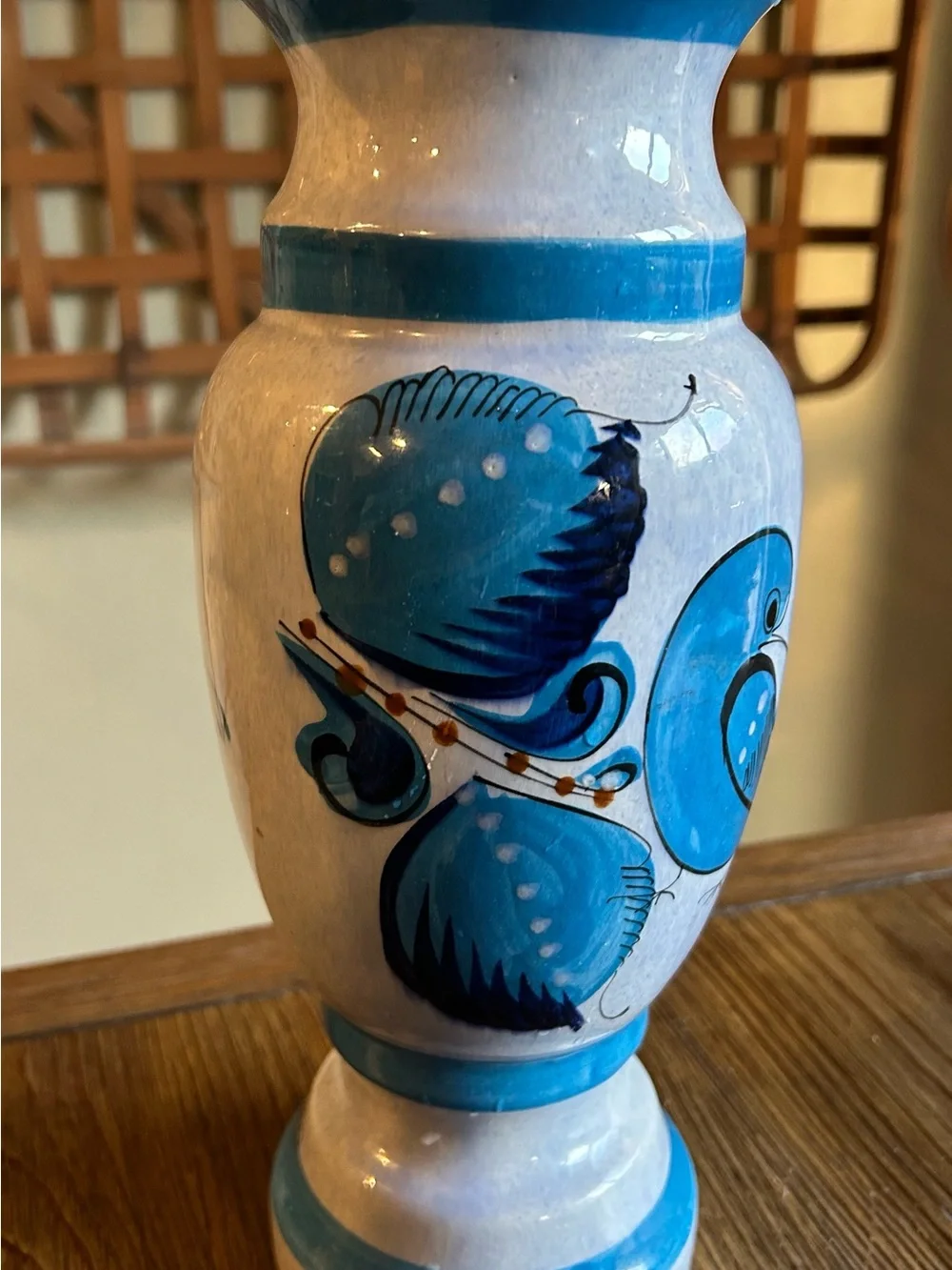 Blue Hand-Painted Pottery Vase with Bird and Floral Motif|Tonala Made in Mexico